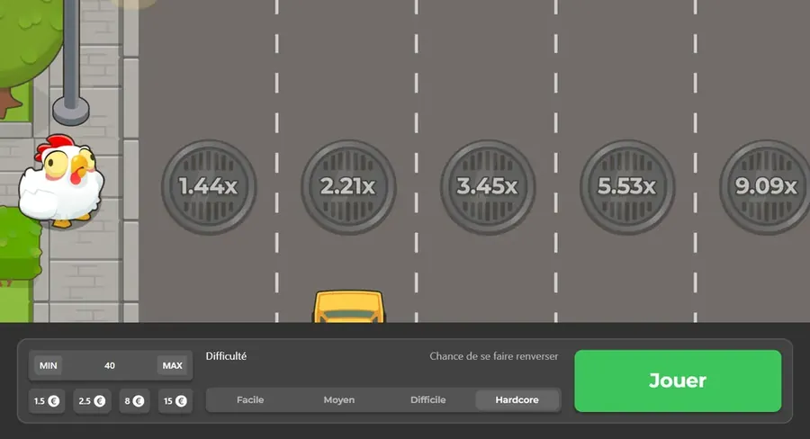 Démo officielle de Chicken Road 2 en mode Hardcore : la poule au bord de l'autoroute, mise de 40 € et bouton Jouer