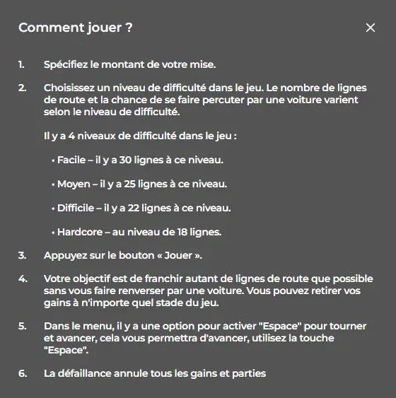 Règles de la démo officielle de Chicken Road 2 : 4 niveaux, Facile 30 lignes, Moyen 25, Difficile 22, Hardcore 18