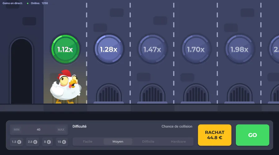 Chicken Road en mode Moyen : première ligne à 1,12x et bouton Rachat à 44,8 € pour une mise de 40 €
