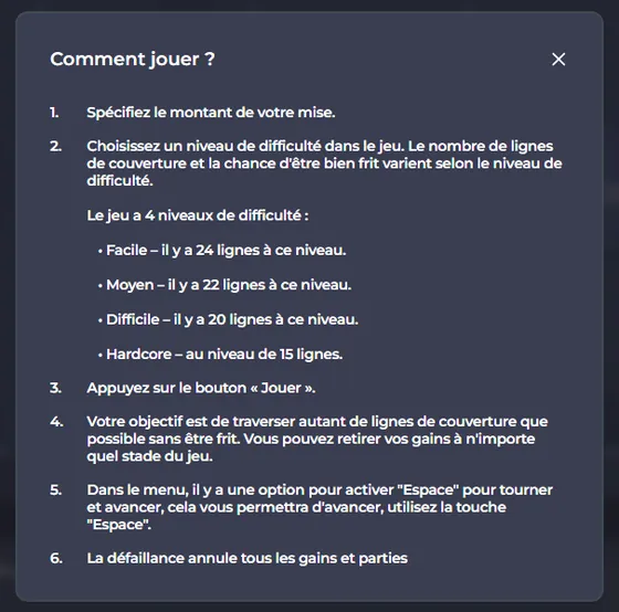 Règles officielles de Chicken Road : mise, 4 niveaux de difficulté de 24 à 15 lignes, encaissement à tout moment